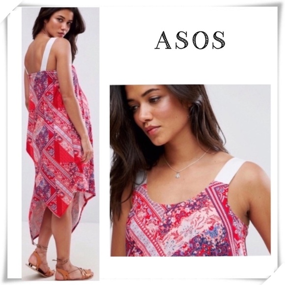 Asos Floral with Paisley Print Red Drape Midi Dress in Red - Picture 1 of 8
